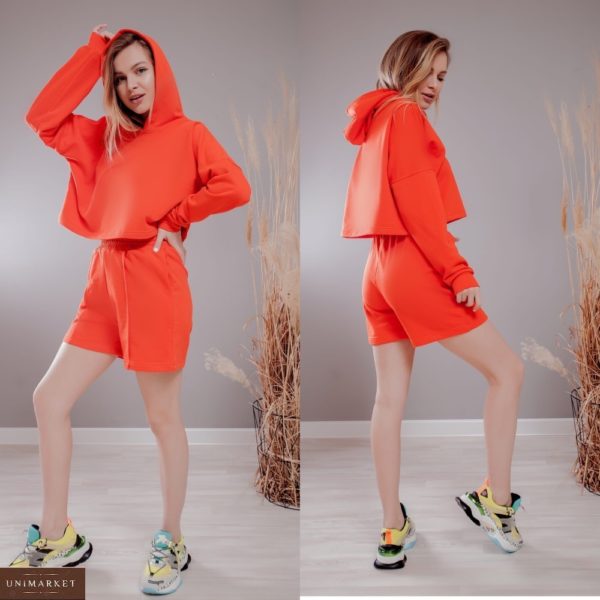 Купить оранжевые женские трикотажные шорты из трехнити на резинке (размер 42-48) недорого