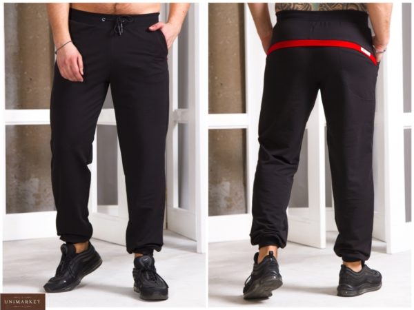 Купити чорні чоловічі спортивні штани з манжетами і смужкою ззаду (розмір 48-54) недорого