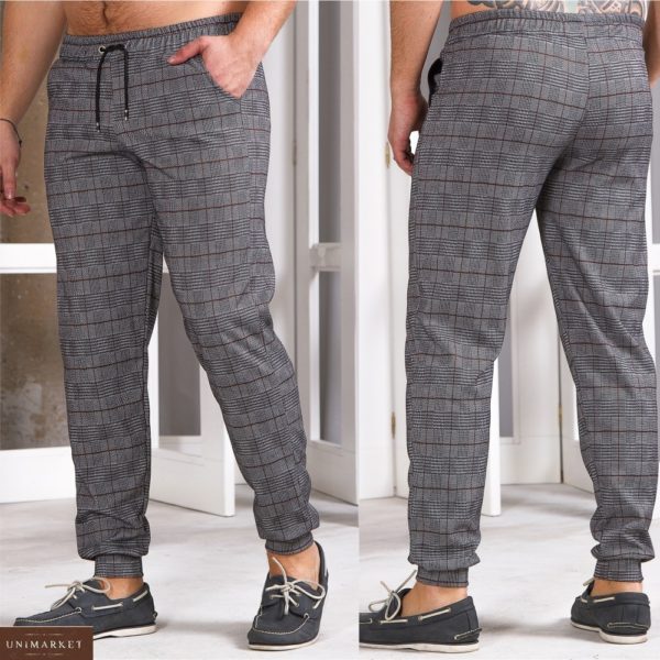 Купить онлайн мужские трикотажные штаны на манжете в серую клетку (размер 48-54) недорого