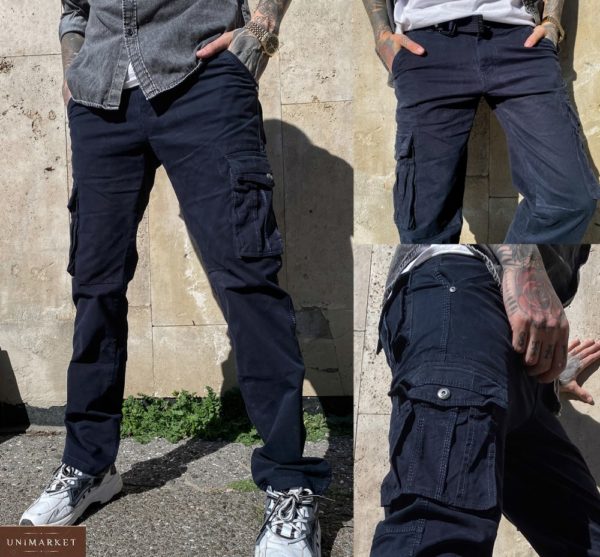 Купить темно-синие мужские брюки карго с накладными карманами (размер 30-38) в Украине