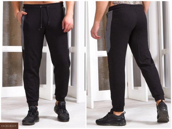 Купить черные мужские спортивные штаны на манжете со вставкой (размер 48-56) недорого