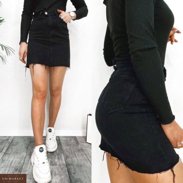 Заказать черную женскую джинсовую юбку с высокой талией и необработанным краем (размер 42-48) в Украине в интернете