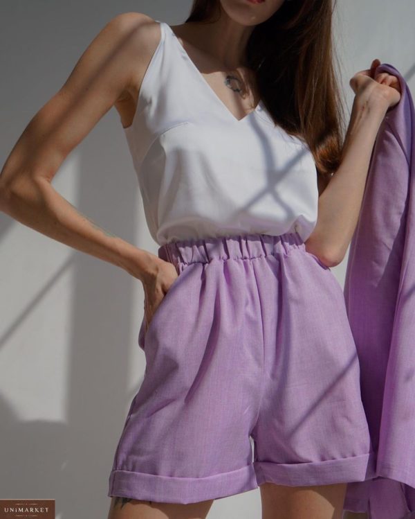Приобрести лиловый женский льняной костюм: удлиненный пиджак с шортами (размер 42-52) дешево