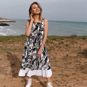 Купить черно-белое женское летнее платье миди из льна с оборкой в интернет-магазине