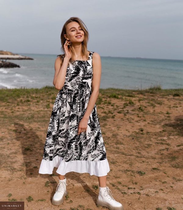 Купить черно-белое женское летнее платье миди из льна с оборкой в интернет-магазине