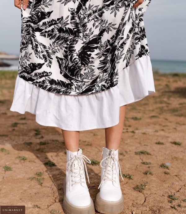 Приобрести черно-белое женское летнее платье миди из льна с оборкой дешево