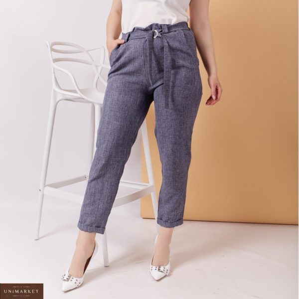 Купити темно-сірі жіночі стильні укорочені брюки з льону з поясом (розмір 48-58) в Україні