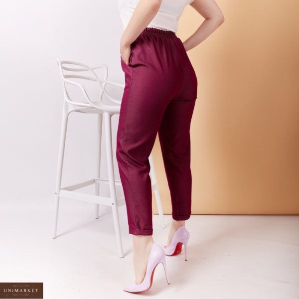 Купити марсала жіночі завужені брюки з тонкого джинса з поясом (розмір 48-58) по знижці