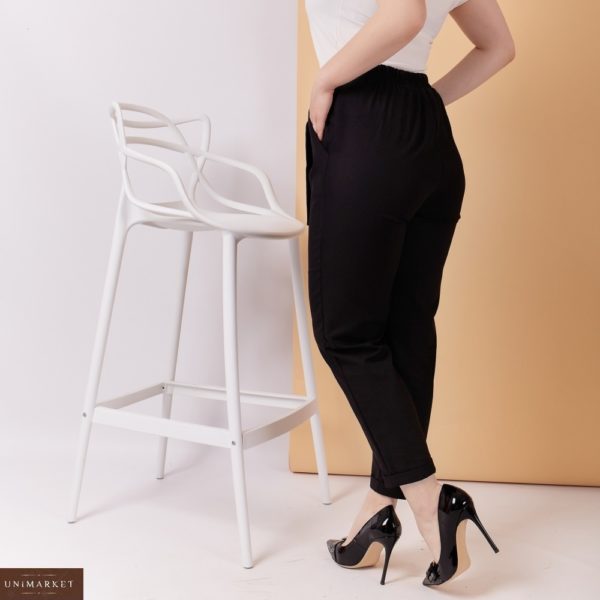 Купить черные женские льняные брюки на резинке с поясом в комплекте (размер 48-58) по низким ценам