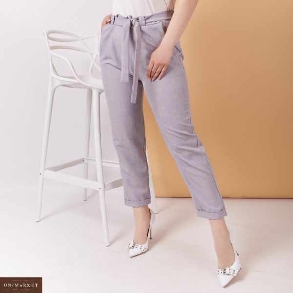 Замовити світло-сірі жіночі стильні укорочені брюки з льону з поясом (розмір 48-58) недорого