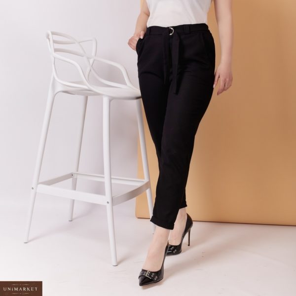 Заказать черные женские льняные брюки на резинке с поясом в комплекте (размер 48-58) хорошего качества