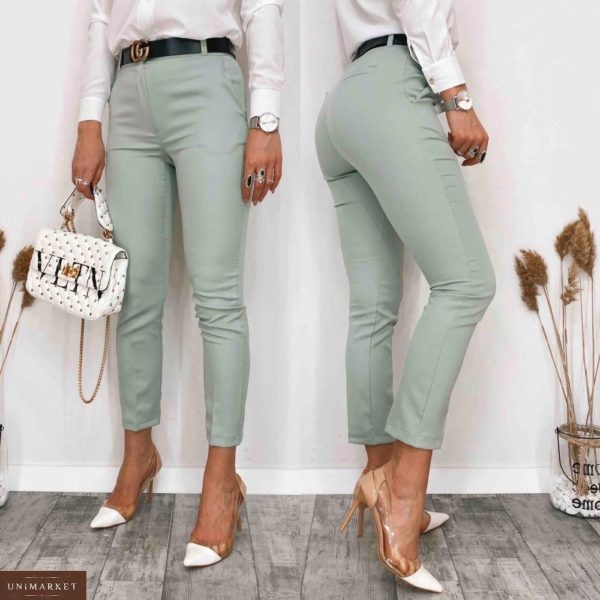 Заказать оливковые женские стильные укороченные брюки с высокой талией (размер 42-48) недорого