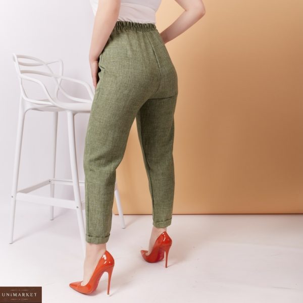 Замовити зелені жіночі стильні укорочені брюки з льону з поясом (розмір 48-58) хорошої якості