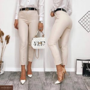 Купить бежевые женские стильные укороченные брюки с высокой талией (размер 42-48) онлайн