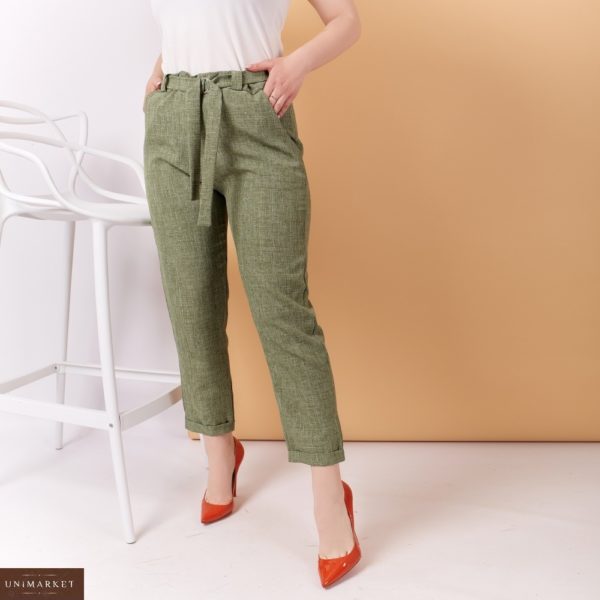 Купить зеленые женские стильные укороченные брюки из льна с поясом (размер 48-58) по низким ценам