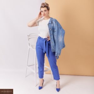 Заказать голубые женские льняные брюки на резинке с поясом в комплекте (размер 48-58) дешево
