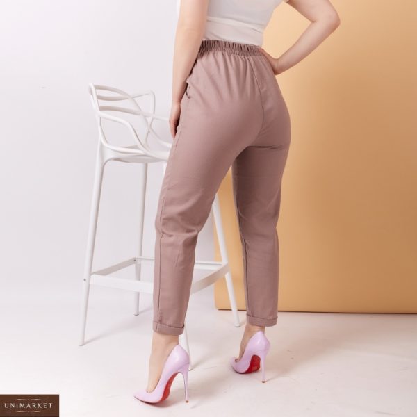 Приобрести светло-бежевые женские льняные брюки на резинке с поясом в комплекте (размер 48-58) выгодно