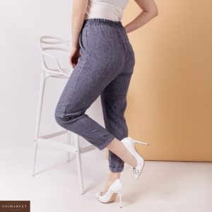 Придбати темно-сірі жіночі стильні укорочені брюки з льону з поясом (розмір 48-58) дешево