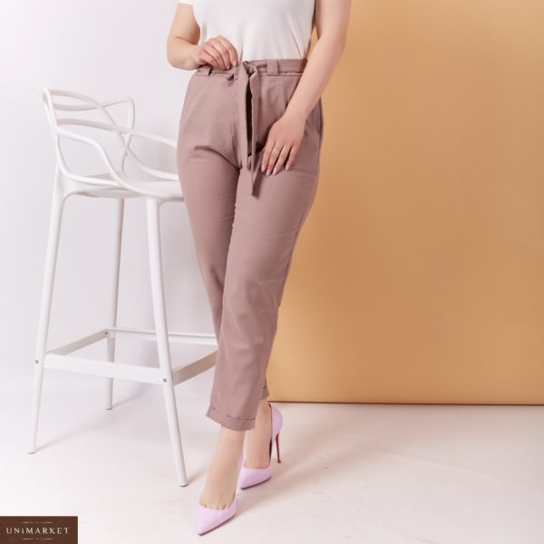 Купить светло бежевые женские льняные брюки на резинке с поясом в комплекте (размер 48-58) в интернете