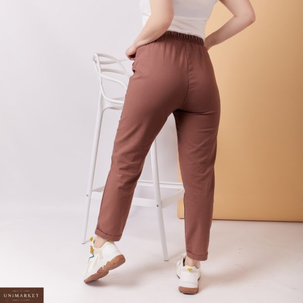 Купить коричневые женские льняные брюки на резинке с поясом в комплекте (размер 48-58) недорого