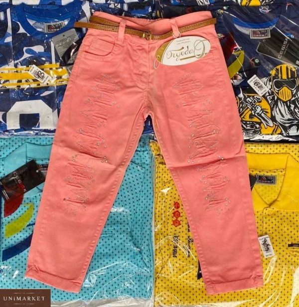 Купити дитячі коралові джинси зі стразами недорого