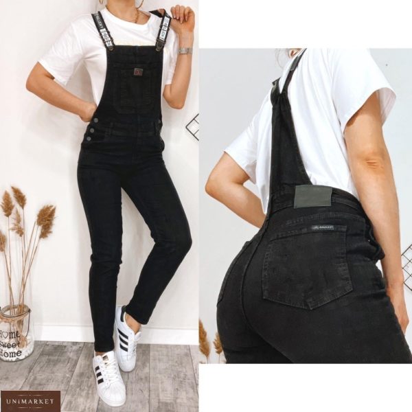 Купити жіночий чорний джинсовий комбінезон з кишенями по знижці