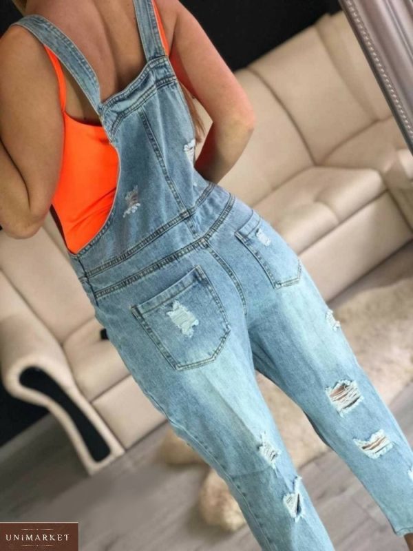 Замовити жіночий блакитний укорочений джинсовий комбінезон з кишенями в Україні