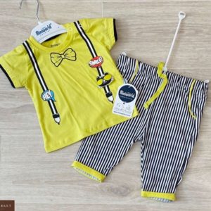 Заказать детский желтый комплект: футболка с подтяжками+полосатые штаны по скидке