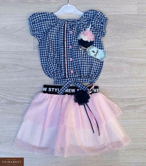 Замовити рожевий дитячий комплект: блузка в клітку + спідниця з шифону на дівчинку 5 років вигідно