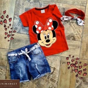 Купити червоний Міккі Маус Дитячий комплект-трійка: джинсові шорти + футболка з принтом + пов'язка в Україні