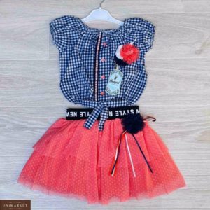 Купить коралловый детский комплект: блузка в клетку+юбка из шифона в Украине