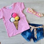 Заказать детский комплект-тройка: джинсовые шорты+футболка с принтом розовый мороженое+повязка на девочку недорого