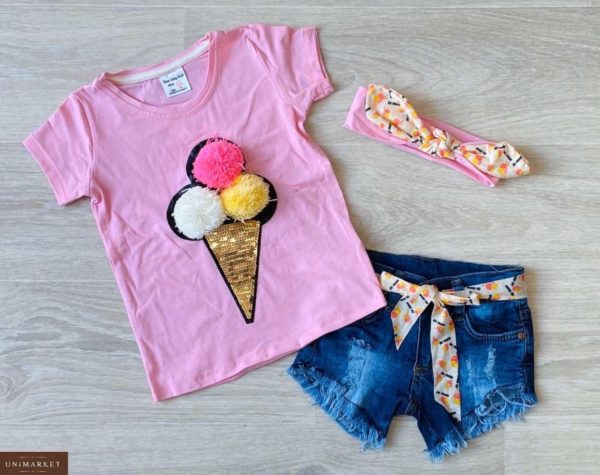 Заказать детский комплект-тройка: джинсовые шорты+футболка с принтом розовый мороженое+повязка на девочку недорого