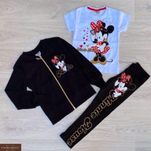 Замовити онлайн чорний дитячий костюм трійка: лосини + футболка + кофта з принтом Міні Маус хорошої якості