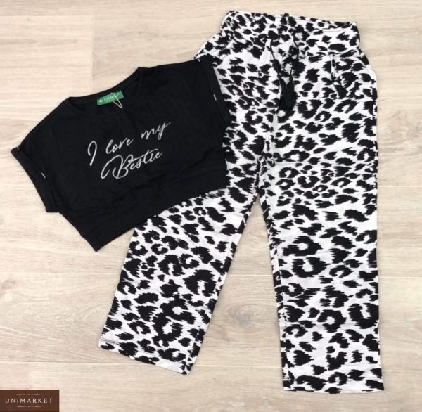 Купити чорно-білий дитячий трикотажний комплект: топ з леопардовими штанами за низькими цінами
