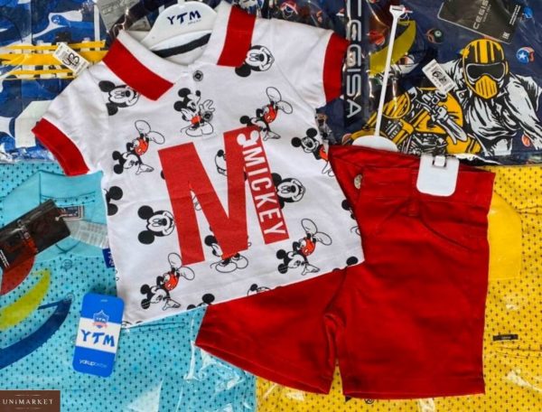 Купити червоний дитячий трикотажний костюм з шортиками з Міккі Маусом в інтернет-магазині