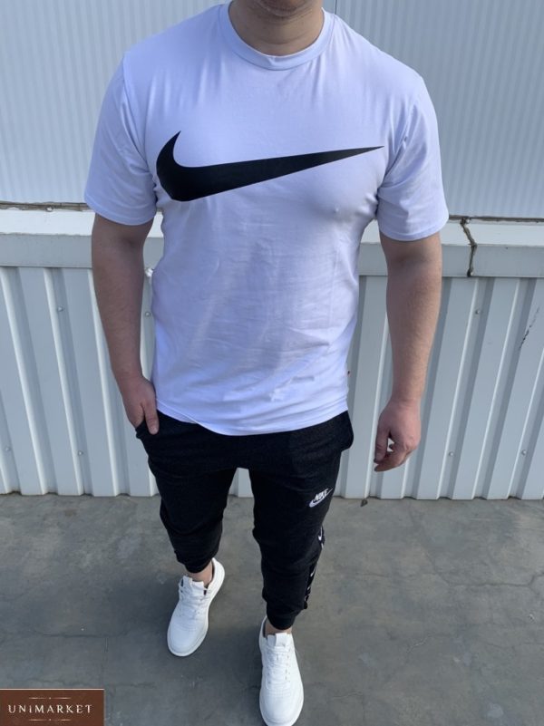 Заказать серо-белый мужской костюм Nike: футболка+штаны с эмблемой на лампасах (размер 46-54) в Украине