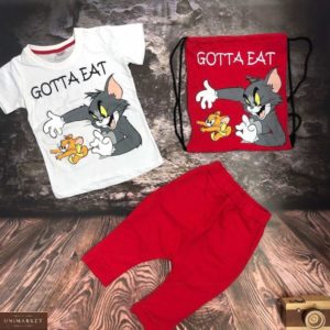 Купити біло-червоний дитячий костюм трійка: шорти, футболка і сумка з принтом Том і Джеррі вигідно