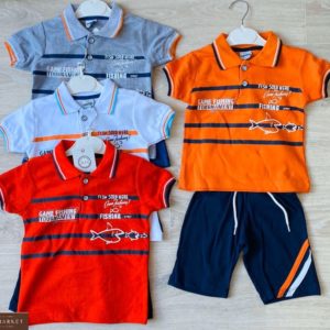 Заказать детский красный, оранжевый, серый, белый трикотажный двухцветный костюм с полосками онлайн