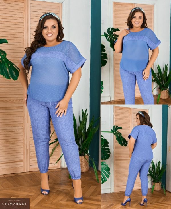 Купити блакитний жіночий стильний костюм з льону габардину (розмір 50-58) недорого