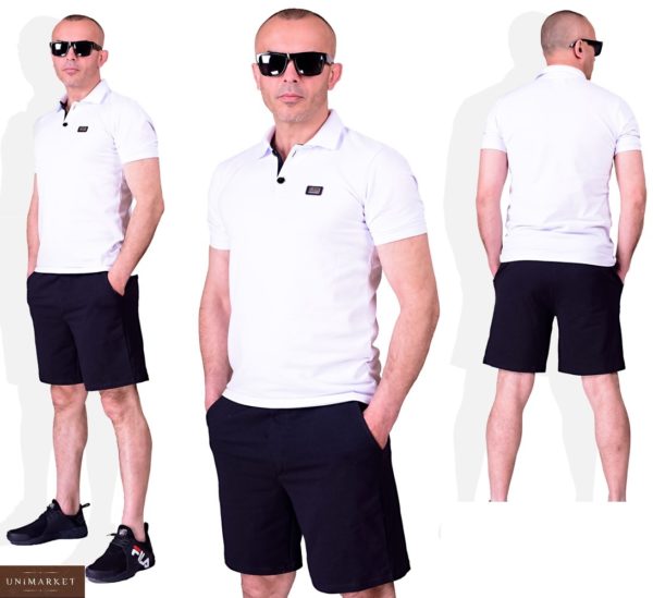 Купить дешево белый мужской летний костюм поло с черными шортами (размер 48-54)