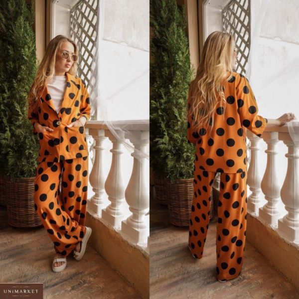 Купить оранжевый женский костюм с широкими штанами в крупный горох (размер 42-48) дешево