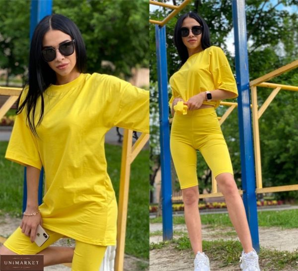 Купити жовтий жіночий однотонний костюм: велосипедки + оверсайз футболка в Одесі