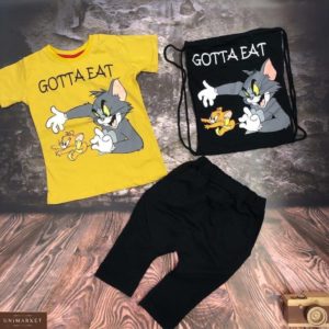 Приобрести желто-черный детский костюм тройка: шорты, футболка и сумка с принтом Том и Джерри недорого