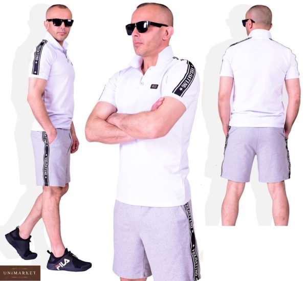 Придбати білий чоловічий костюм: футболка поло + сірі шорти (розмір 48-54) в Україні