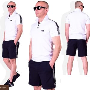 Купити білий чоловічий костюм: футболка поло + чорні шорти (розмір 48-54) в Києві