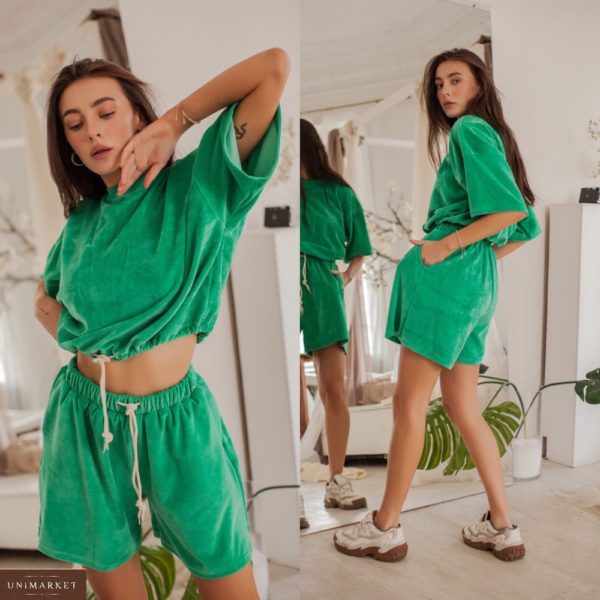 Купить зеленые женские шорты oversize из турецкого велюра (размер 42-48) дешево