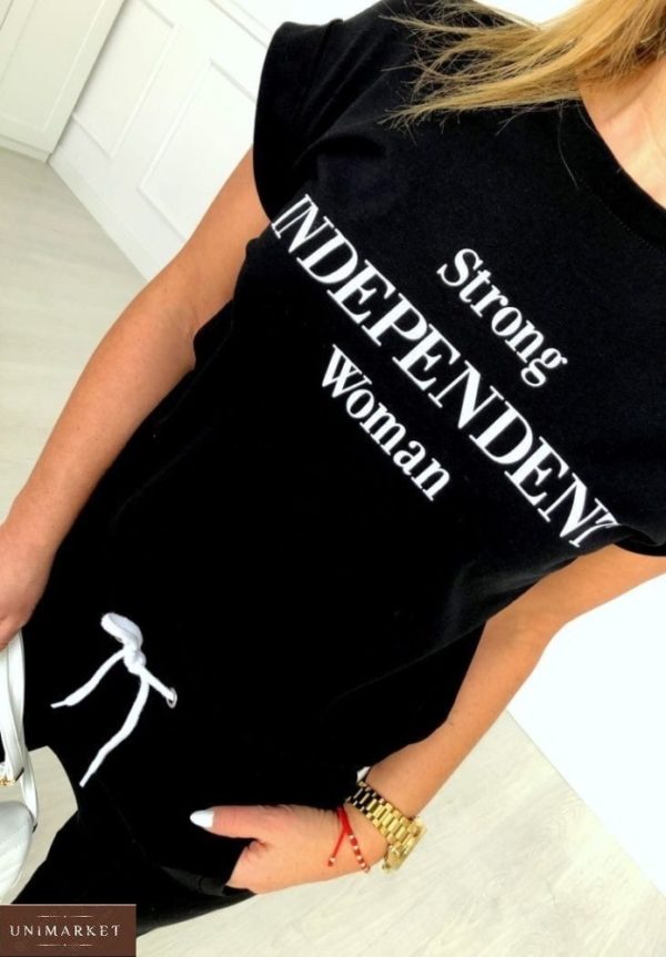 Заказать черный женский спортивный костюм: футболка + штаны с лампасами в интернете