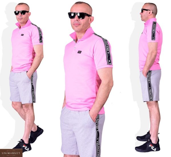 Купити рожевий чоловічий костюм: футболка поло + сірі шорти (розмір 48-54) дешево