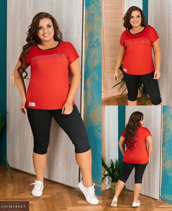 Купити червоний жіночий спортивний костюм з дайвінгу: футболка + лосини (розмір 48-58) вигідно